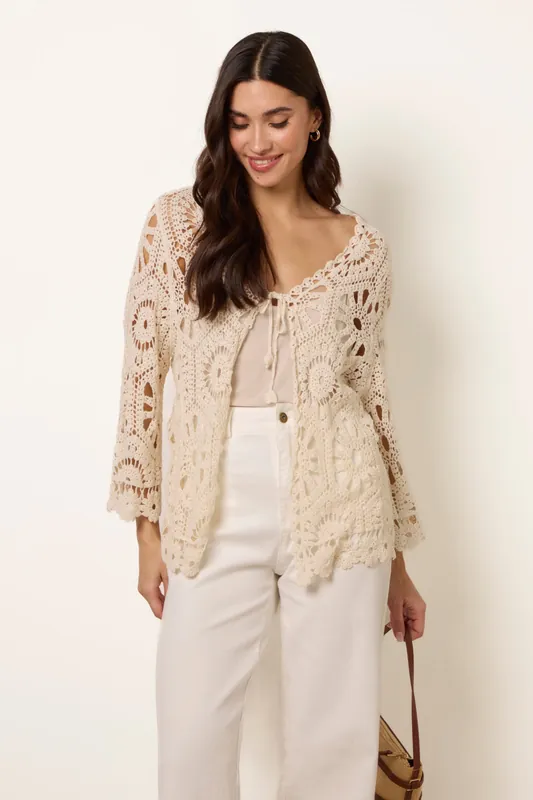 Stone Long-Sleeved Crochet Cardigan