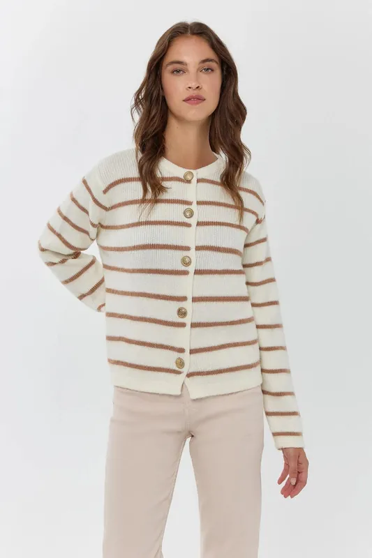 Striped Knit Cardigan with Crew Neck - Hiccup