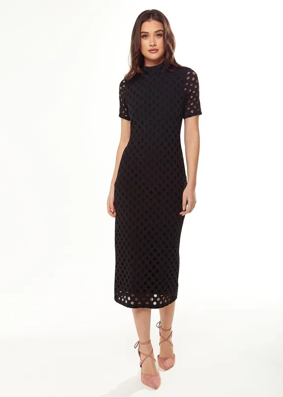 Midi Dress with High Neck, Short Sleeves and Open Back Detail in Black - Liquorish