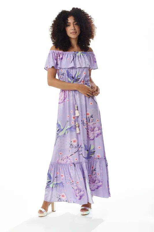 Bird and Floral Print Off Shoulder Maxi Dress in Lilac - Liquorish