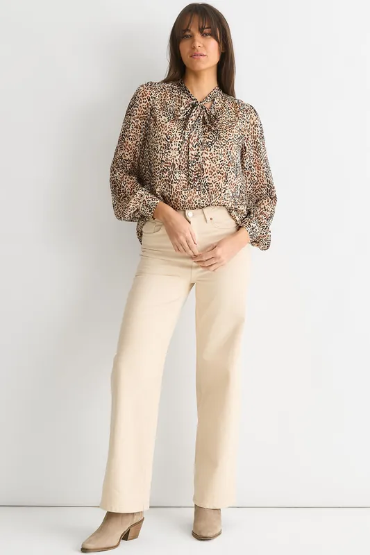 Brown Animal Print Long SLeeves Tie Neck Blouse - Gini London