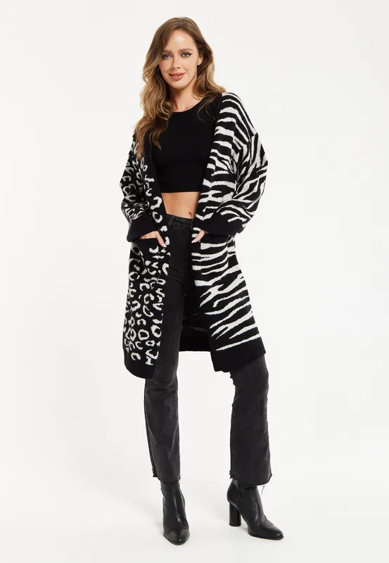 Animal-Print Contrast Long Cardigan in Black&White