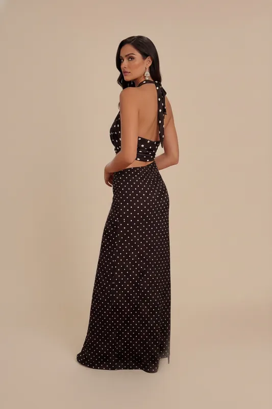 Chocolate Polka Dot Maxi Skirt & Halter Neck Top Co-ord Set- Jaune