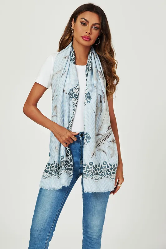 Geometric & Feather & Lace Print Scarf In Blue - FS Collection