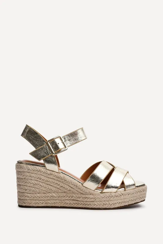 Sheena Gold Crossover Espadrille Wedges - Linzi