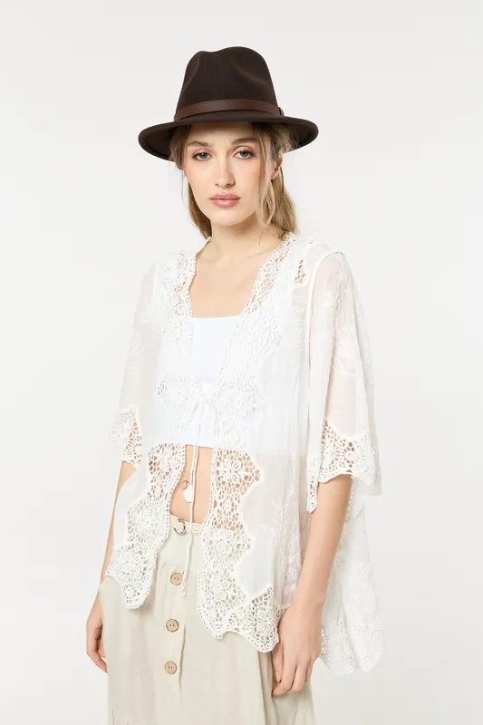 White Lace Tie Front Sheer Kimono Top - Liquorish