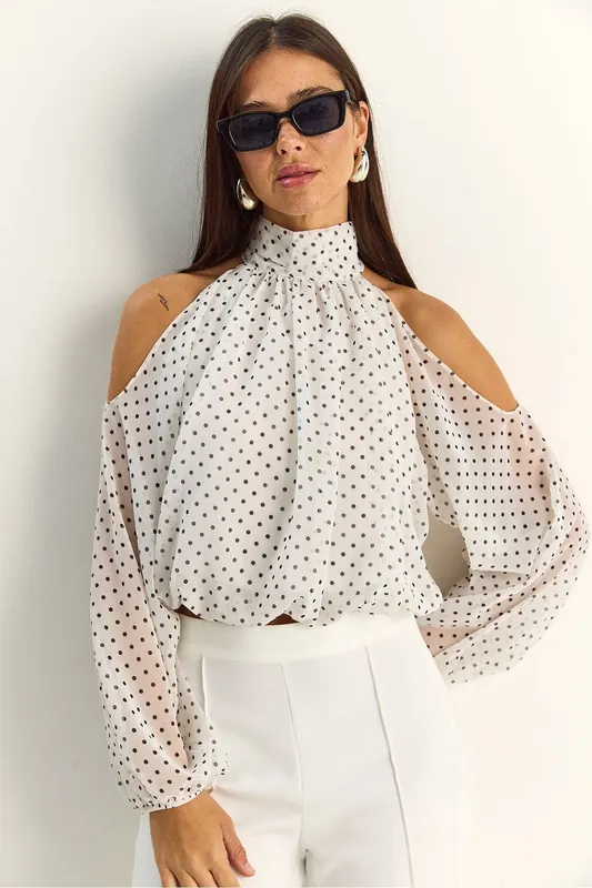 Polka Dot Chiffon Turtleneck Blouse with Cut Out - Bianco Lucci