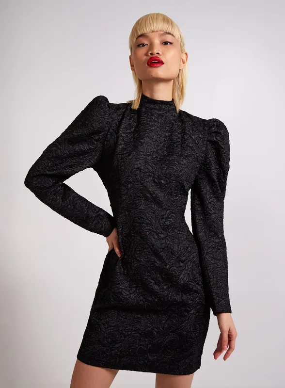 Puff Sleeve High Neck Embossed Dress - Pink Vanilla