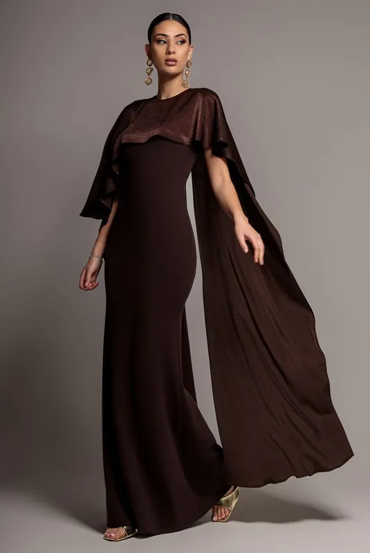 Scoop Neck Velvet Satin Cape Sleeve Maxi Dress - Goddiva