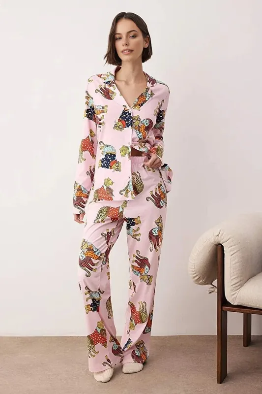 Tiger Print Revere Collar Long Sleeve Cotton Knit Pyjama Set - WOVCOR