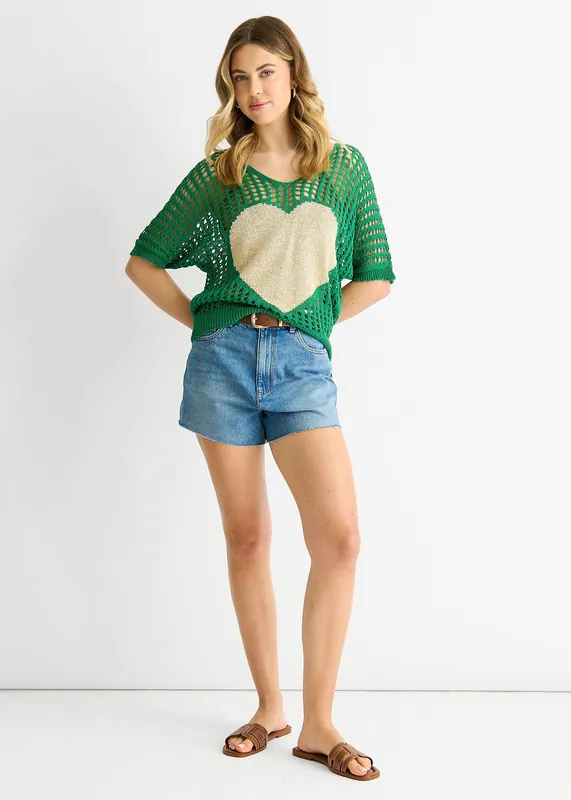 Green Fish Net Heart Pattern Crochet Top - Gini London