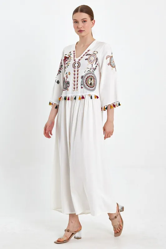 Embroidered Tiered Midi Dress with V-Neck Design in White