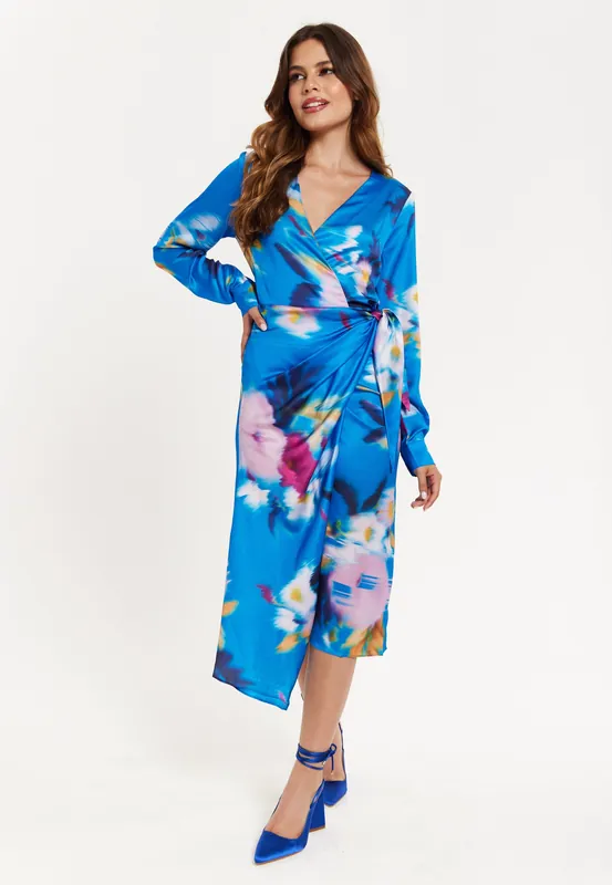 Blue Floral Satin Wrap Midi Dress - Liquorish