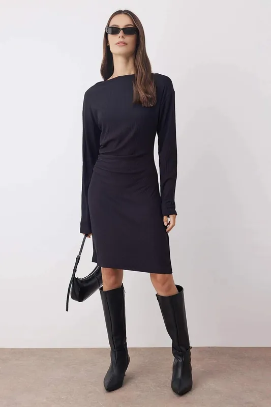Round Neck Long Sleeve Draped Mini Knit Dress - WOVCOR