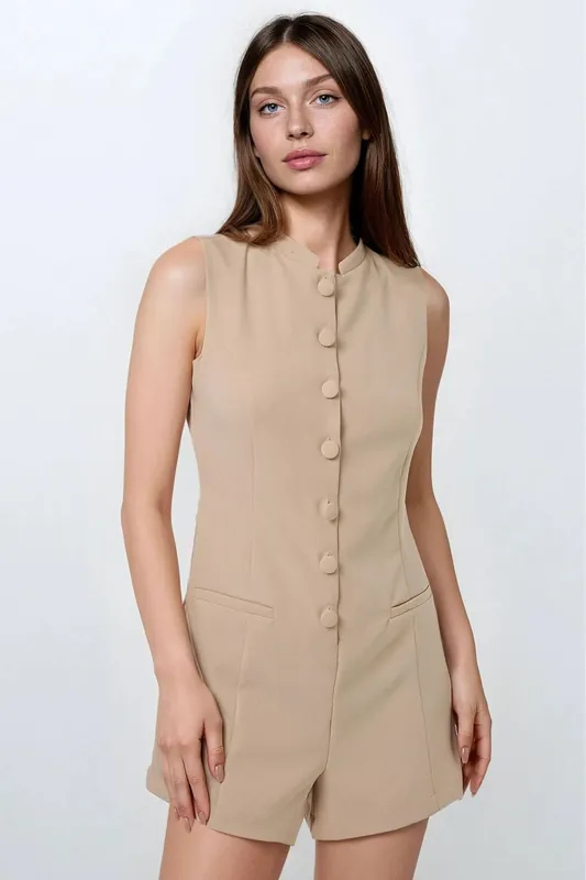 Short Leg Crew Neck Jumpsuit with Button Detail - Hiccup