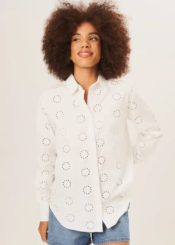 White Cotton Embroidered Long Sleeves Shirt - Gini London