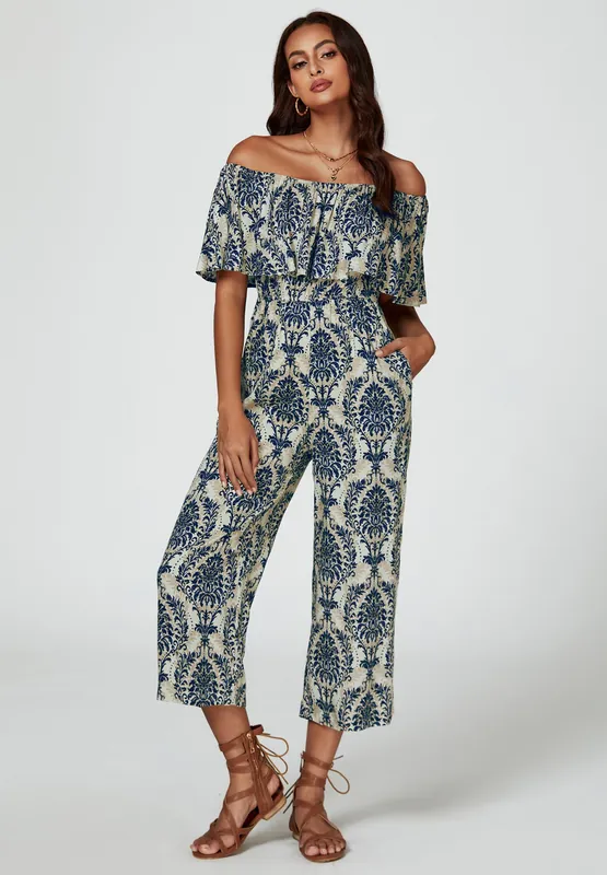 Off The Shoulder Print Frill Jumpsuit In Navy - FS Collection