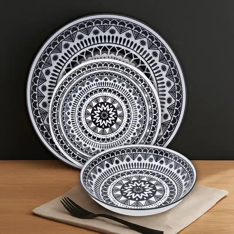 12 Piece Black and White Dinner Set, Bold Abstract Design White and Black Dinner Set, 12 Pc Dinnerware Set - Orsina