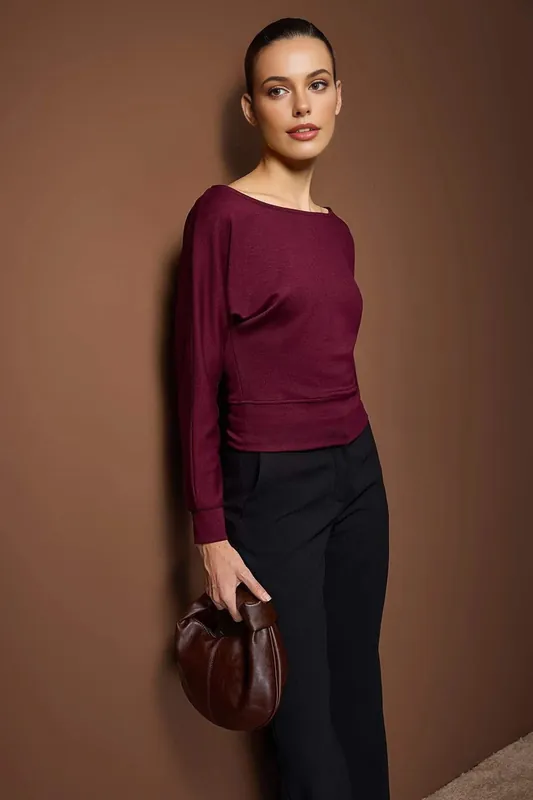 Boat Neck Long Sleeve Knit Blouse - WOVCOR