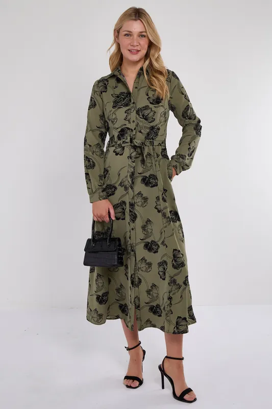 Khaki Floral Print Maxi Shirt Dress - Love Sunshine