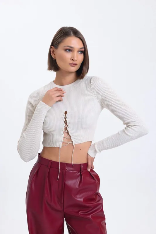 Crew Neck Knitted Lace Up Cropped Blouse - Hiccup