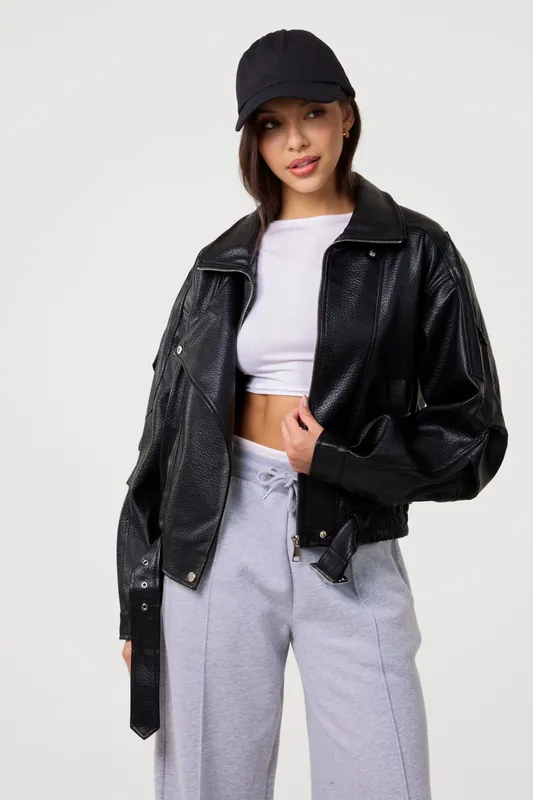Black Oversized PU Leather Jacket - Pink Vanilla