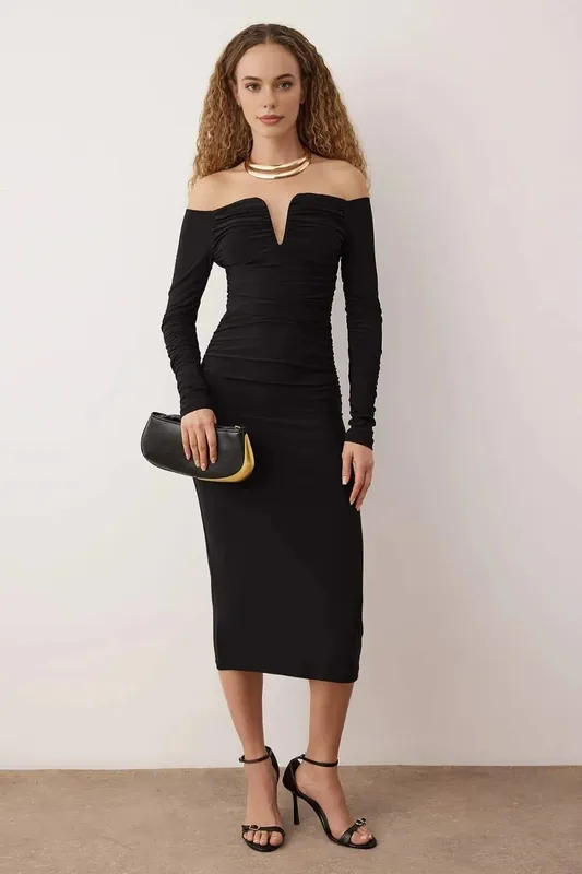 Off Shoulder Ruched Midi Dress - WOVCOR