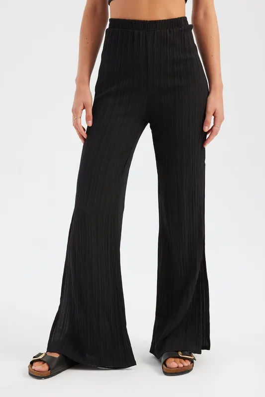 Twisted Fabric High Waist Flare Trousers with a Side Slit - Hiccup