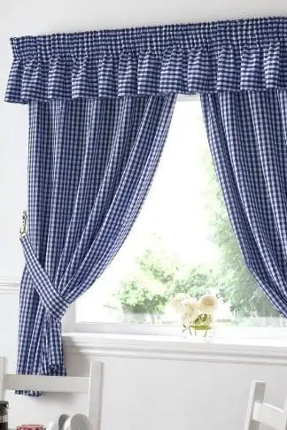 Gingham Blue Checkered Taped Curtains With Tie Backs - Alan Symonds