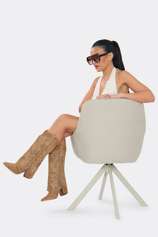Knee High Zip Embroidered Faux Suede Block Heel Boots - EGO