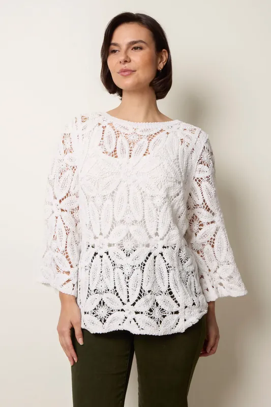 Ivory Flower Crochet Long Sleeve Top - Blue Vanilla