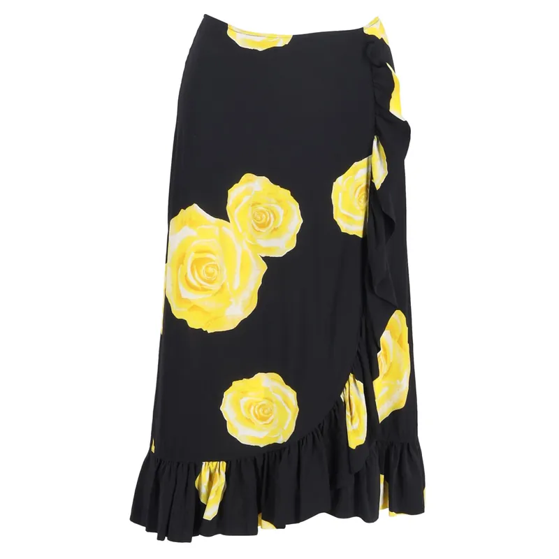 Preloved Floral Printed Midi ruffled Skirt in Black Silk - Ganni