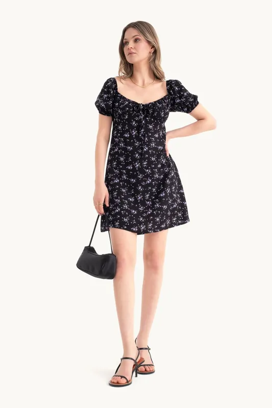 Floral Sweetheart Neck Mini Dress with a Balloon Sleeves - Hiccup