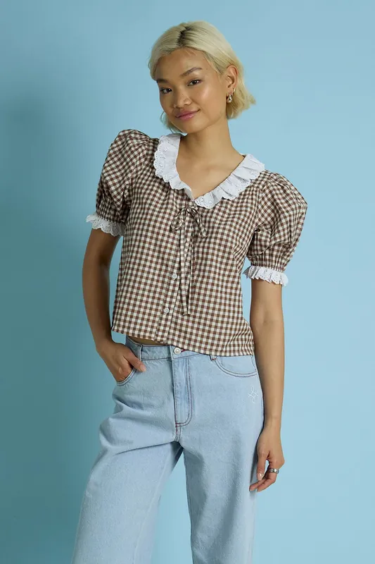 Cotton Stretch Broderie Trim Gingham Blouse - Neon Rose