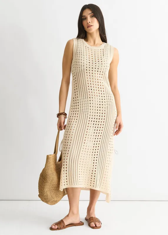 Beige Crochet Knit Bodycon Midi Dress - Gini London