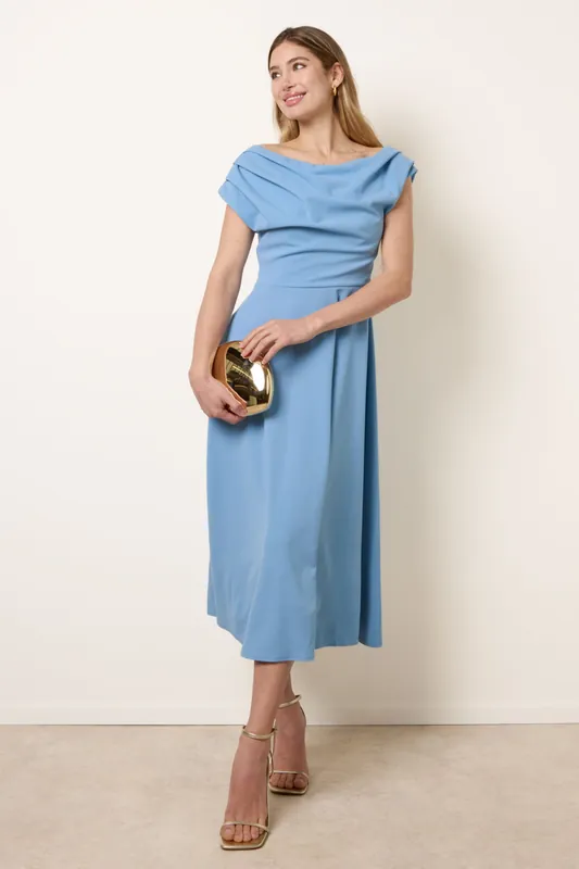 Blue Scuba Crepe Off-Shoulder Skater Dress
