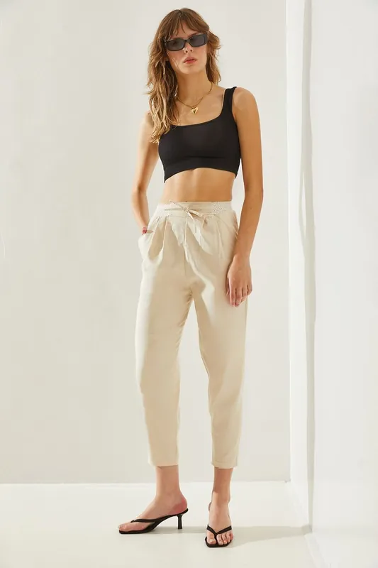 Cotton Elastane Straight Leg Pants with Bow - Bianco Lucci