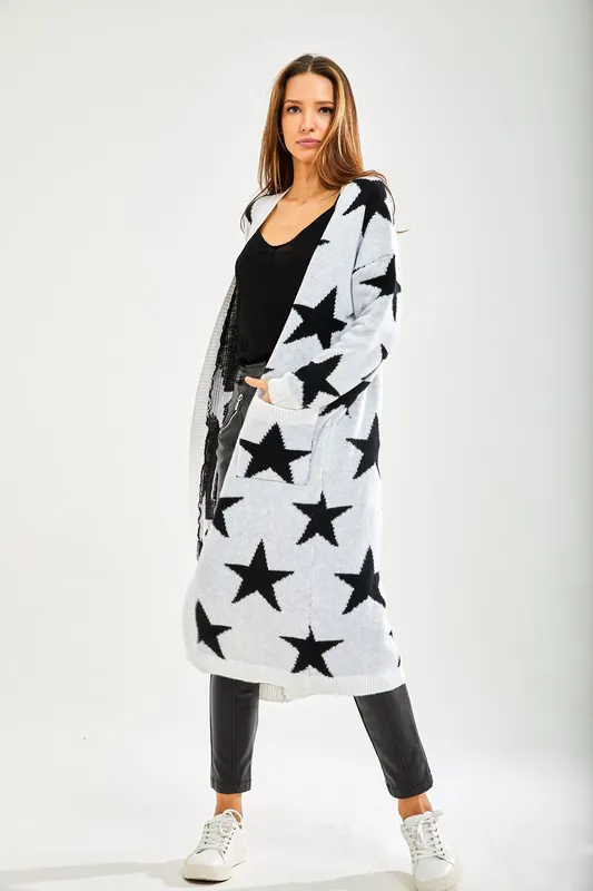 Star Pattern Long Cardigan In White - Liquorish
