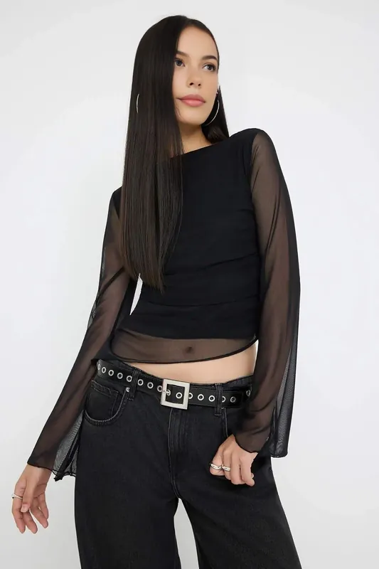 Shawl Print Boat Neck Asymmetric Detail Fitted Long Sleeve Mesh Blouse - WOVCOR