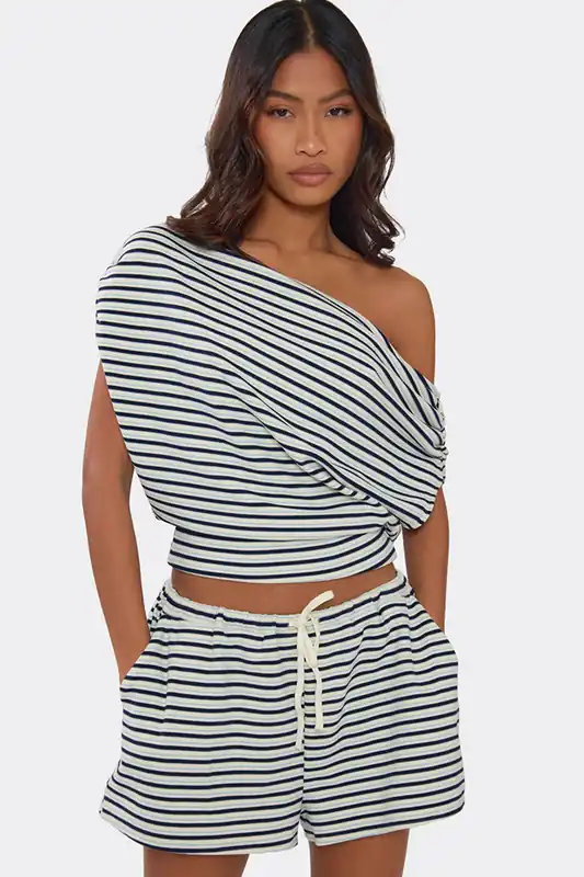 Short Sleeve Off The Shoulder Striped Top - EGO
