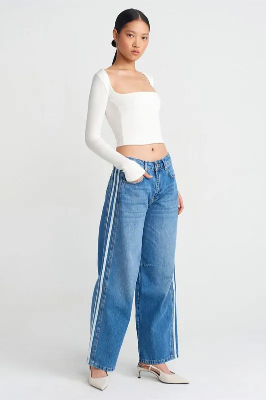 High-Waist Wide-Leg Striped Denim Jeans