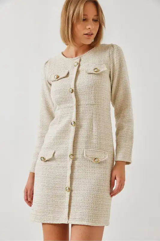 Buttoned Pocket Tweed Mini Dress with Crew Neck - Bianco Lucci