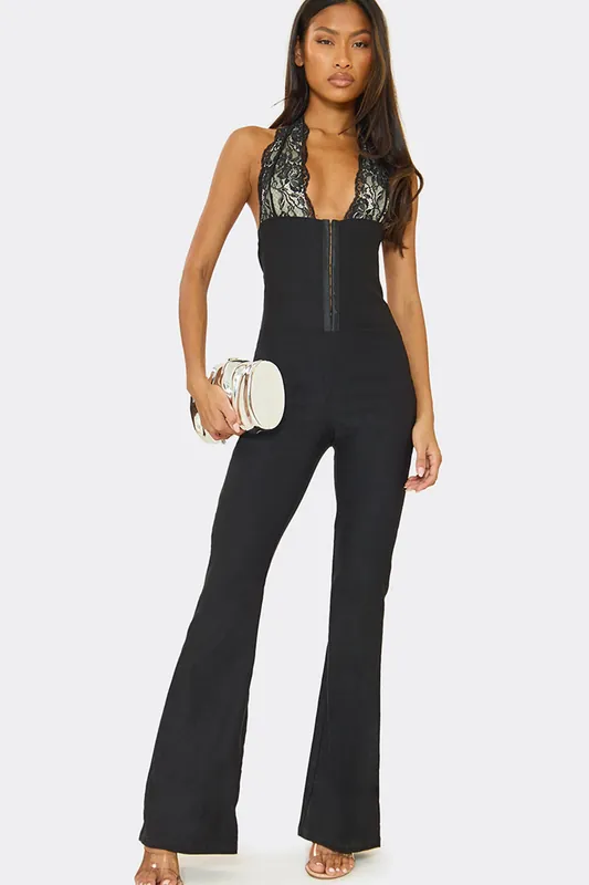 Flare Leg Sleeveless Halter Neck Lace Jumpsuit - EGO