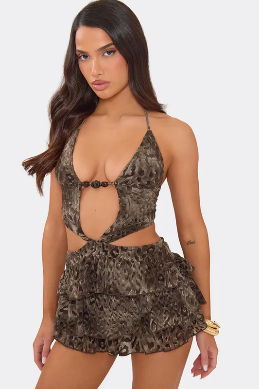 Strappy Halter Neck Ruffle Leopard Print Playsuit - EGO
