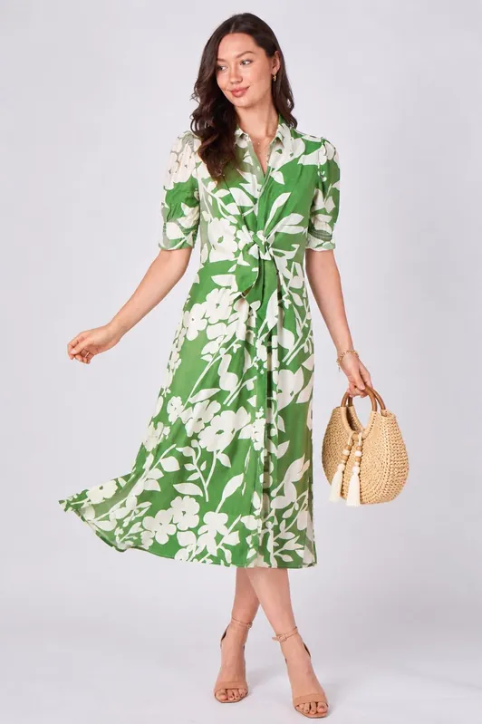 Green Floral Print Tie Front Midi Dress - Love Sunshine