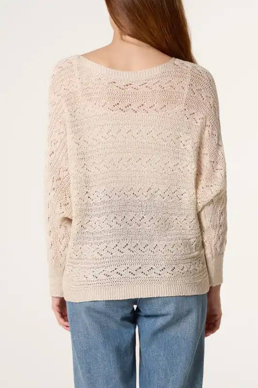 Beige Pointelle Cable Batwing Jumper - Blue Vanilla