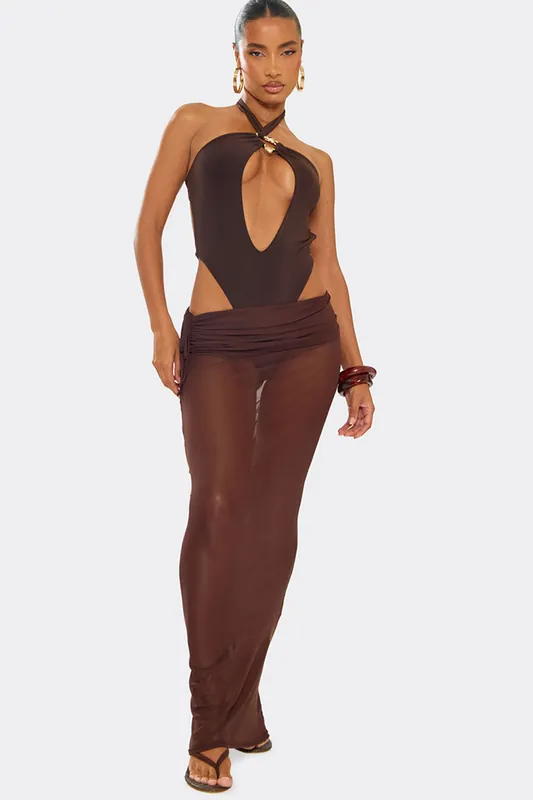 Foldover Mesh Low Rise Maxi Skirt - EGO