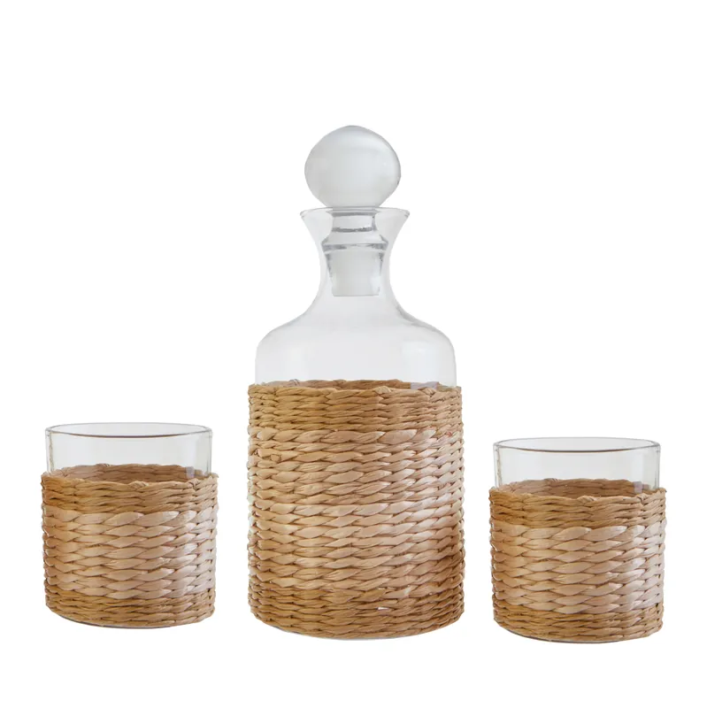 Rattan Wrapped Glass Decanter & Glasses Set, 1000ml Decanter With Round Knob Stopper, Whiskey Decanter Set - Orsina