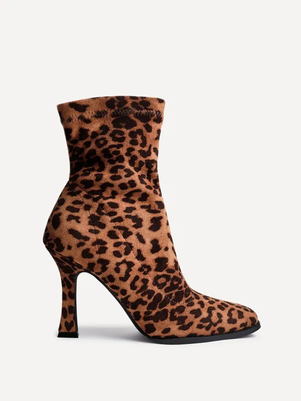 Noelle Leopard Print Square Toe Heeled Sock Boot - Linzi
