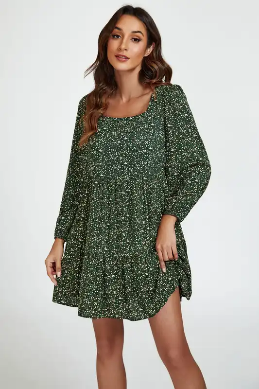 Little Floral Print Square Neck Mini Dress In Olive Green - FS Collection